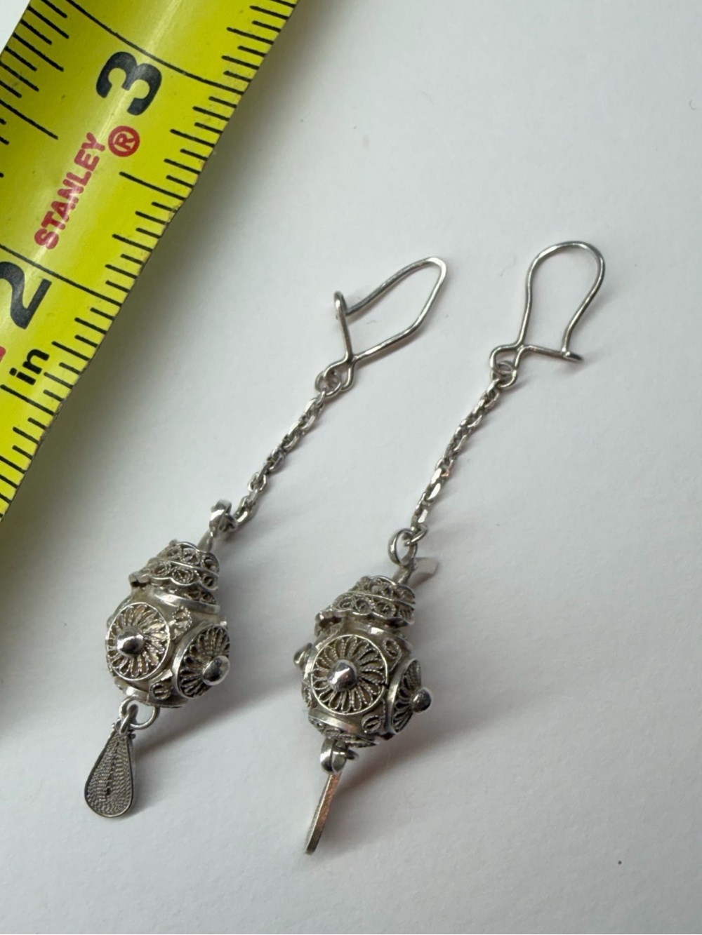 Unique 925 Sterling Silver Filigree Ball Bead Flower Chain Dangle Earrings 8.2g